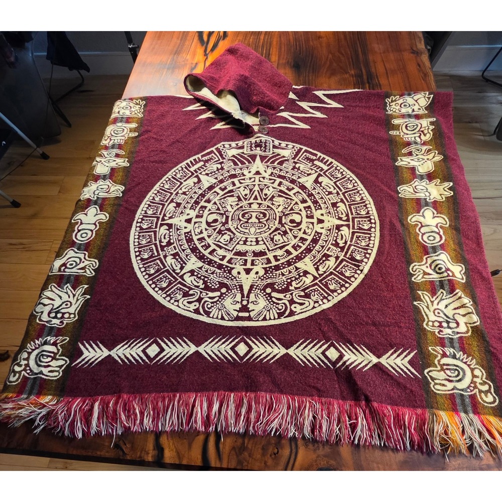 Native Handicrafts Alpaca Blend Aztec Sun Calendar Hooded Poncho UNISEX